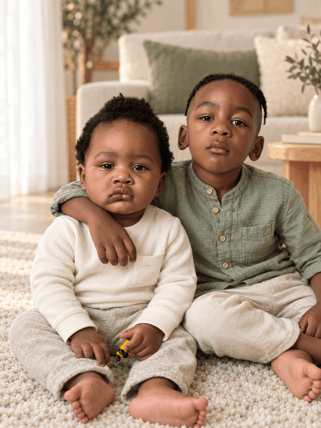 Stef and Chris's two young sons sitting together on a rug