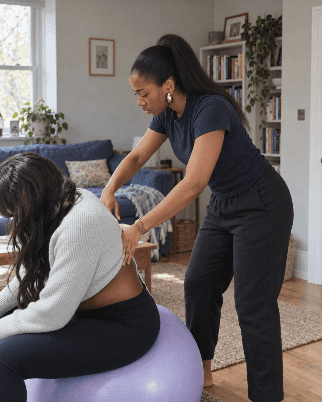Stef supporting a pregnant client on a birth ball at home